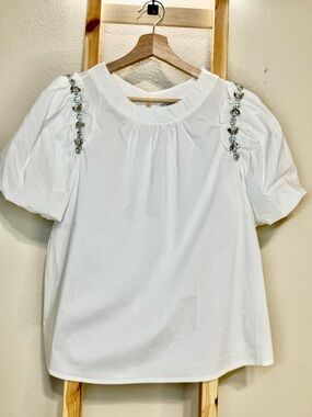 Women's White Puff Sleeve Top with Shoulder Crystal Trim